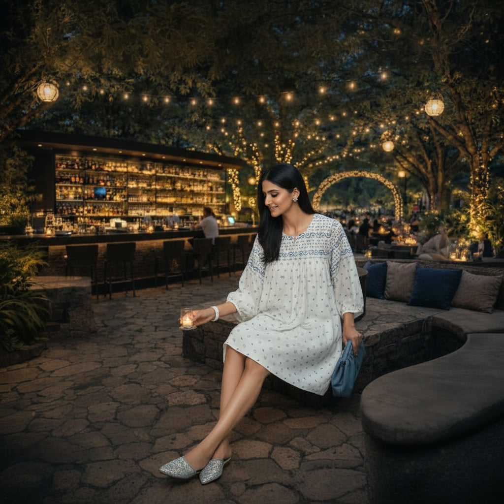 Woman Woman in a Boho Block Print Tunic by House of Majisha, ivory cotton tunic with blue block print, balloon sleeves sitting on a table in a cozy outdoor bar setting with string lights and a bar in the background.