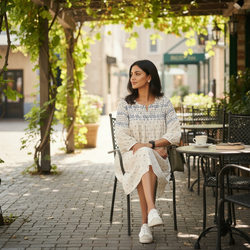 Woman in a Boho Block Print Tunic by House of Majisha, ivory cotton tunic with blue block print, balloon sleeves with a green bag walking outdoors in a casual setting.