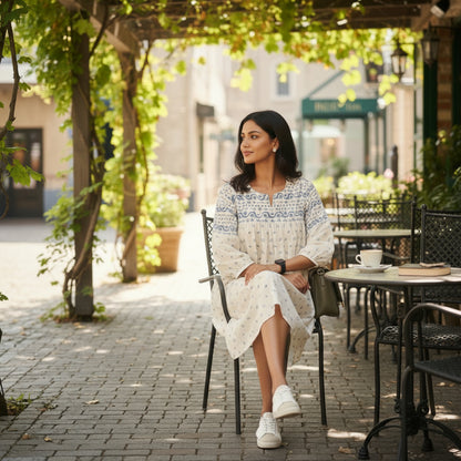 Woman in a Boho Block Print Tunic by House of Majisha, ivory cotton tunic with blue block print, balloon sleeves with a green bag walking outdoors in a casual setting.