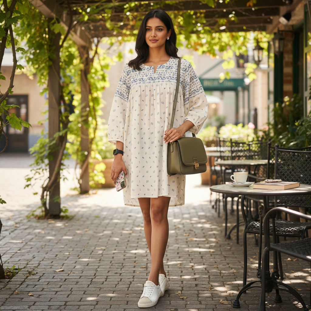 Woman in a Boho Block Print Tunic by House of Majisha, ivory cotton tunic with blue block print, balloon sleeves with a green bag walking outdoors in a casual setting.