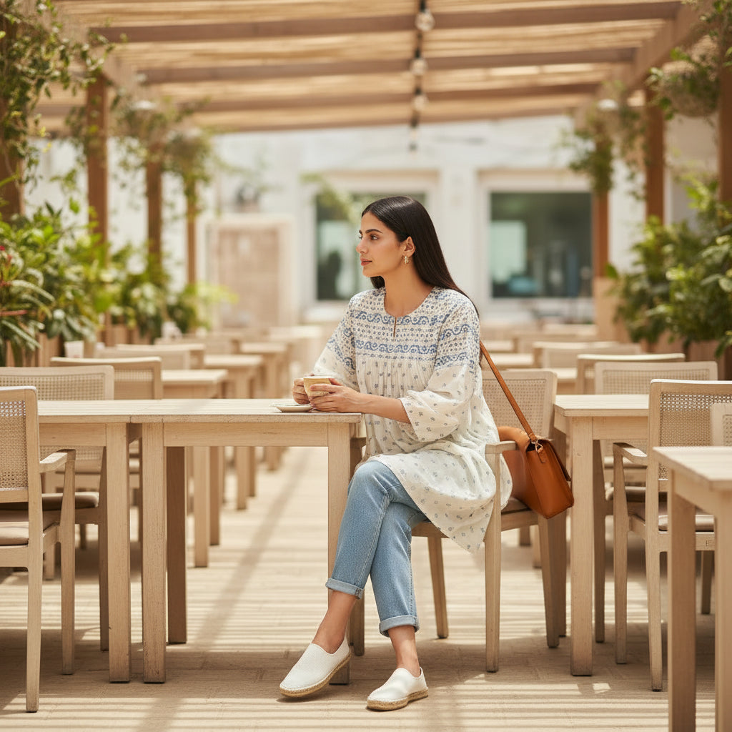 Woman sitting at a table in an outdoor cafe with plants and wooden pergola in the background