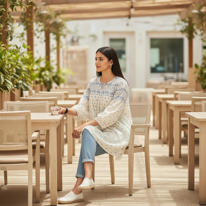 Boho Block Print Tunic by House of Majisha, ivory cotton tunic with blue block print, balloon sleeves, and relaxed silhouette for casual wear holding a brown handbag in an outdoor setting with tables and chairs.