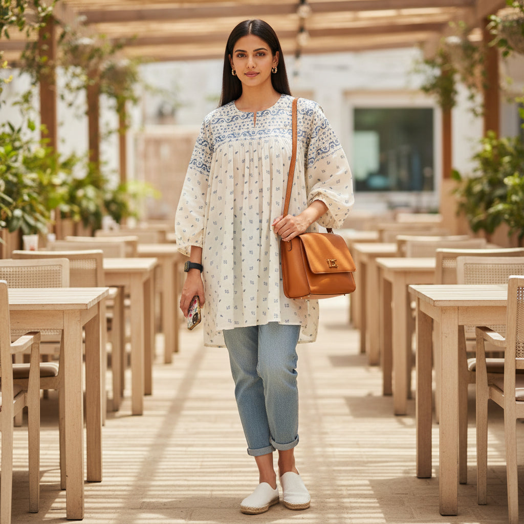 Boho Block Print Tunic by House of Majisha, ivory cotton tunic with blue block print, balloon sleeves, and relaxed silhouette for casual wear holding a brown handbag in an outdoor setting with tables and chairs.
