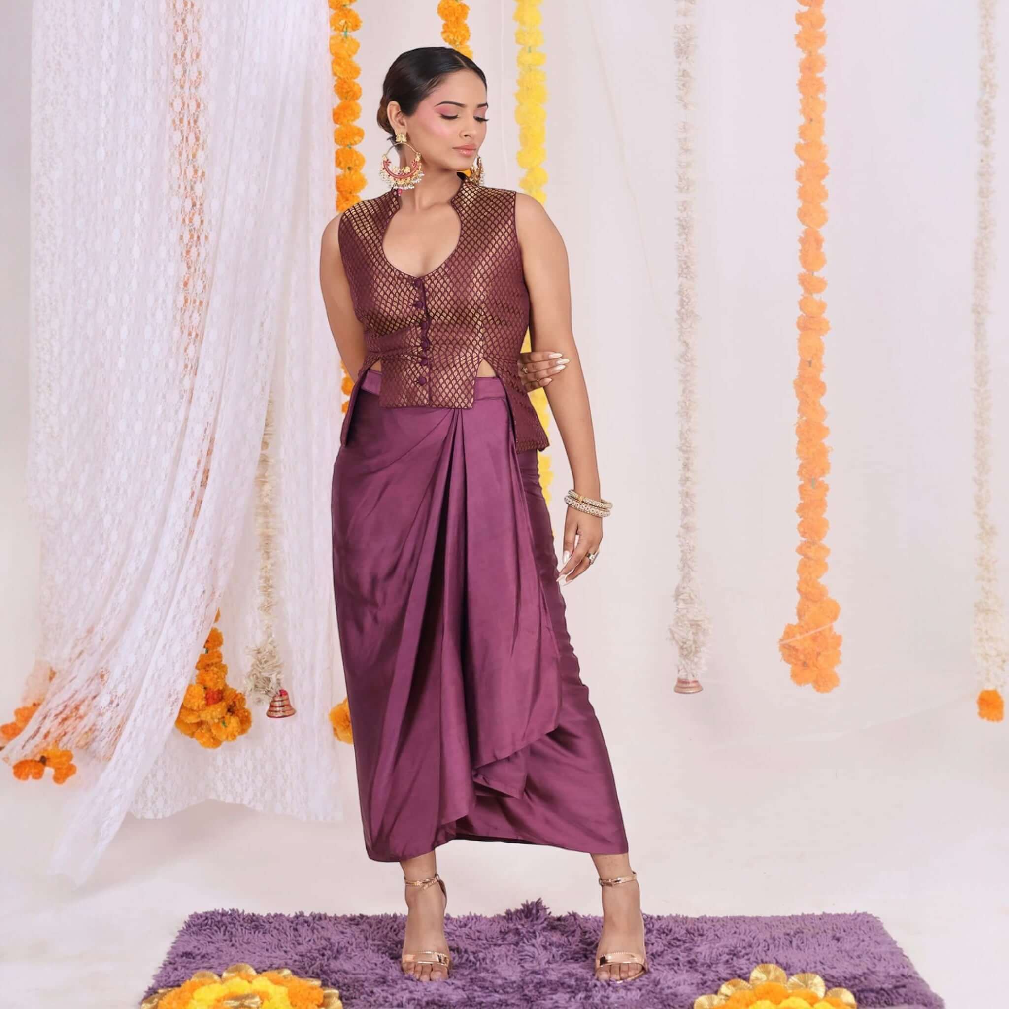 Exquisite Brocade Crop Vest in Deep Wine with Golden Accents - Sleeveless, Front Buttoned, Open Sides, Cropped Length - Perfect for Festive Occasions and Traditional Events.