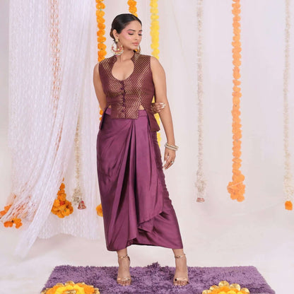 Exquisite Brocade Crop Vest in Deep Wine with Golden Accents - Sleeveless, Front Buttoned, Open Sides, Cropped Length - Perfect for Festive Occasions and Traditional Events.