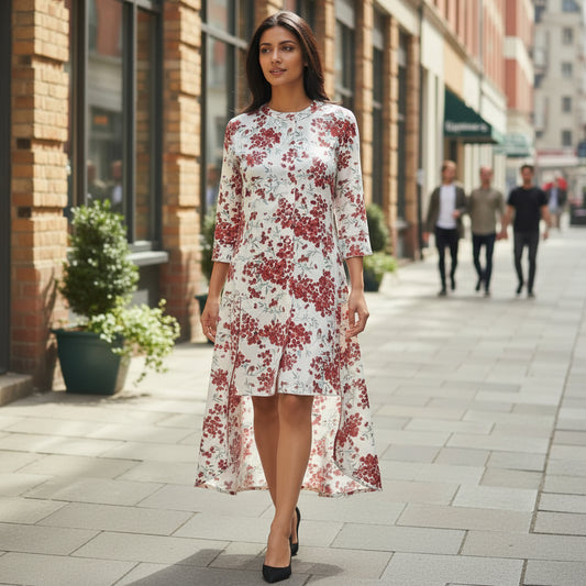 Cherry Bloom Trail Dress from House of Majisha – ivory jacquard with red floral print, high-low hem, and front button closure worn outdoors