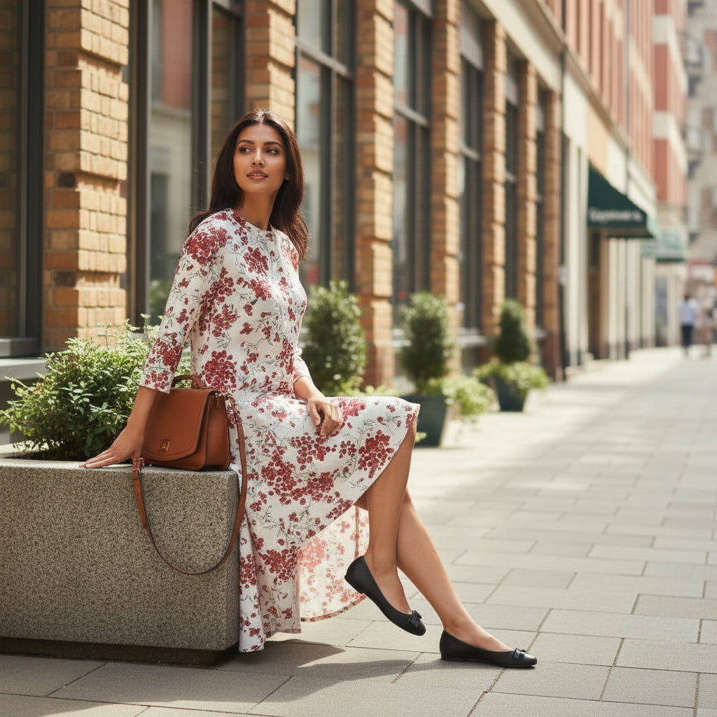 Cherry Bloom Trail Dress from House of Majisha – ivory jacquard with red floral print, high-low hem, and front button closure worn outdoors