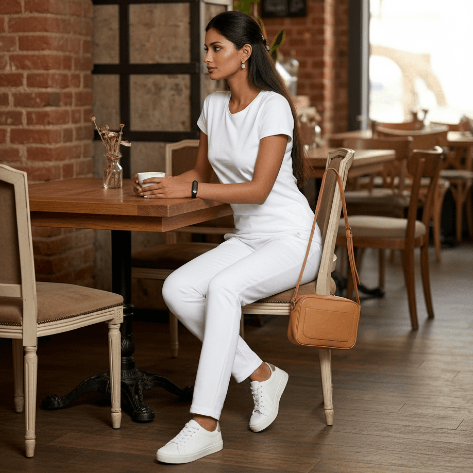 Woman wearing Classic White Cotton Co Ord Set with t-shirt and slim pants from house of majisha.