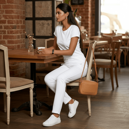 Woman wearing Classic White Cotton Co Ord Set with t-shirt and slim pants from house of majisha.