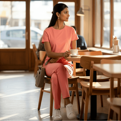 Woman wearing Coral Cotton Co Ord Set with t-shirt and slim pants from house of majisha.