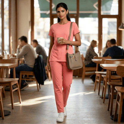 Woman wearing Coral Cotton Co Ord Set with t-shirt and slim pants from house of majisha.