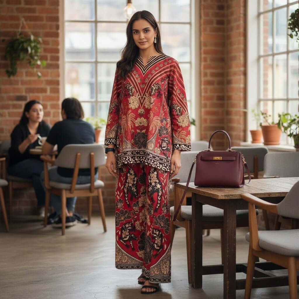 Woman wearing Crimson Regal Heritage Printed Co Ord Set with floral motifs and wide pants from house of majisha.