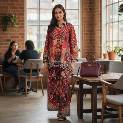 Woman wearing Crimson Regal Heritage Printed Co Ord Set with floral motifs and wide pants from house of majisha.