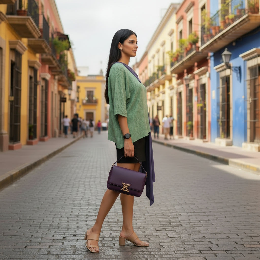 Drape Overlay Top by House of Majisha, loose green top with statement violet side drape, styled with nude block heels and black skirt on a cobblestone lane with vibrant buildings.
