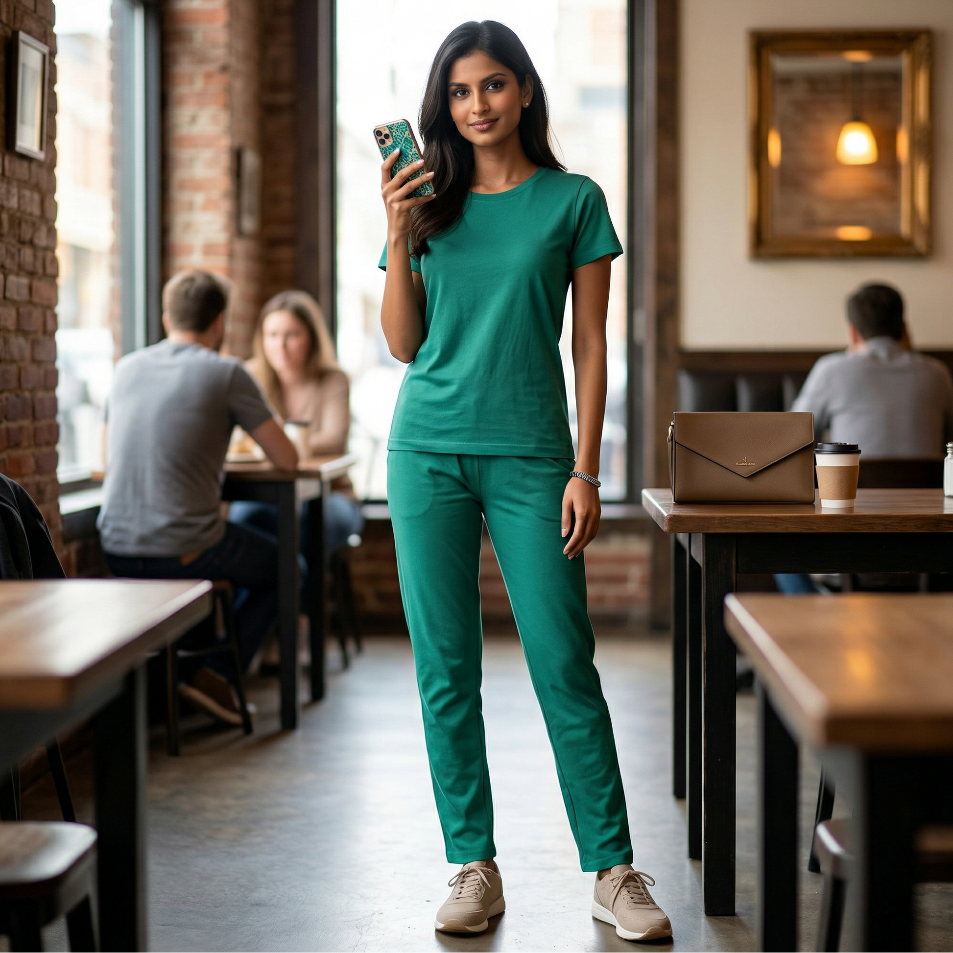 Woman wearing green cotton lycra stretchable co ord set with t-shirt and slim pants from house of majisha.