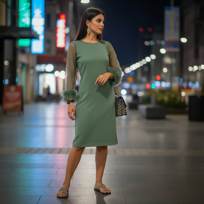 Feather Cuff Sage Dress by House of Majisha – sheer sleeve sage green party wear with feather detail