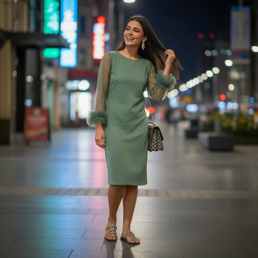 Feather Cuff Sage Dress by House of Majisha – sheer sleeve sage green party wear with feather detail