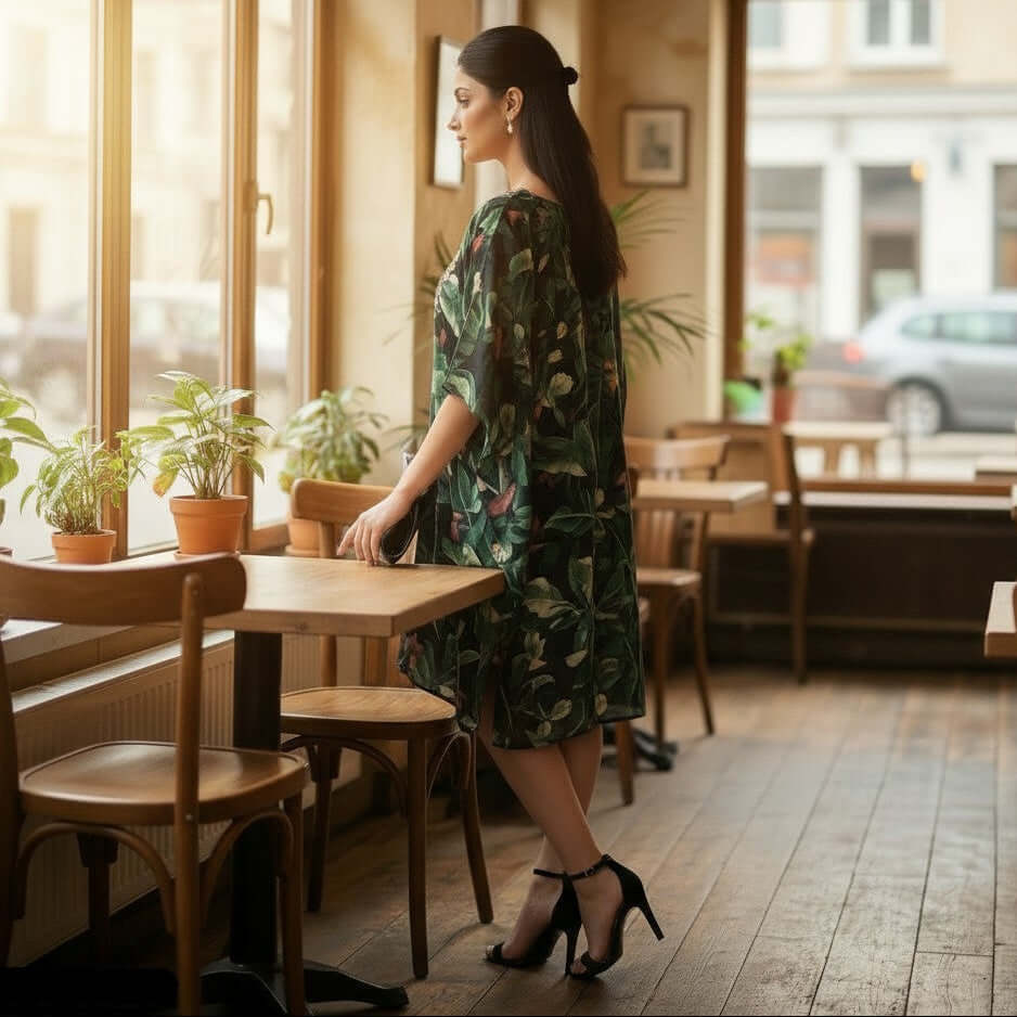 Woman wearing a green floral digital print kaftan dress from house of majisha in a cafe setting with wooden furniture.