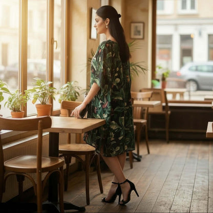 Woman wearing a green floral digital print kaftan dress from house of majisha in a cafe setting with wooden furniture.