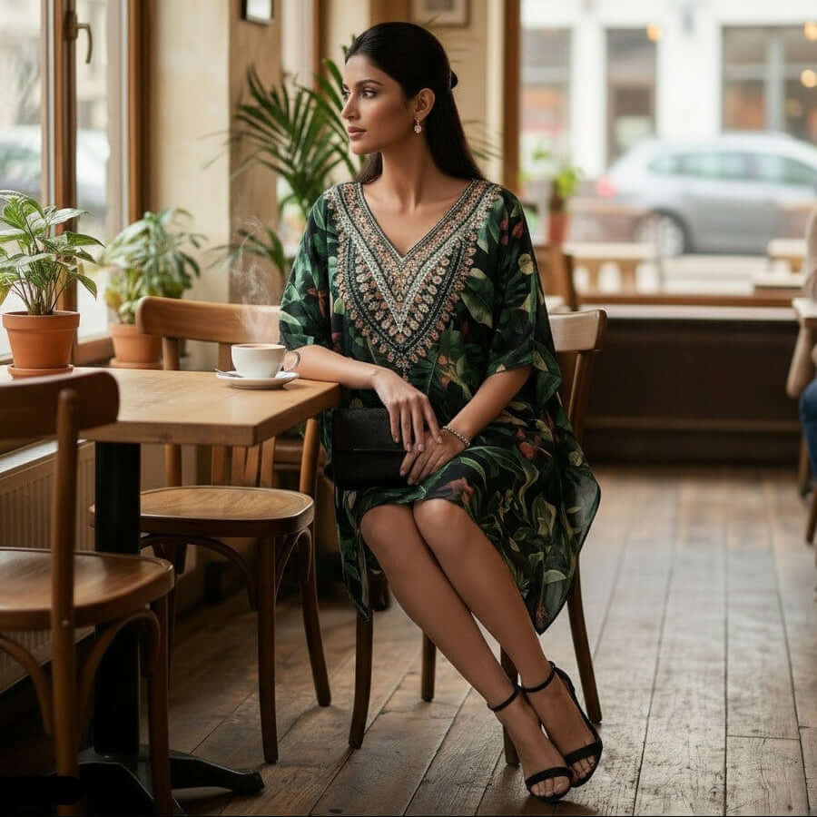 Woman sitting in a café wearing a green floral digital print kaftan dress from house of majisha with decorative neckline.