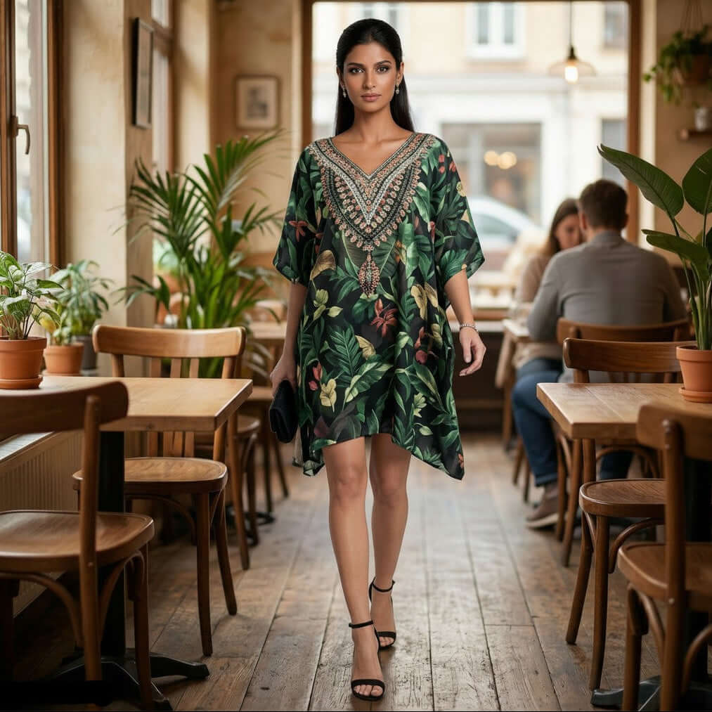 Green floral digital print kaftan dress worn by a model from house of majisha in a stylish café setting.