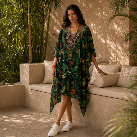 Woman in a house of majisha green patterned dress standing in a sunlit outdoor setting with plants and a beige wall.