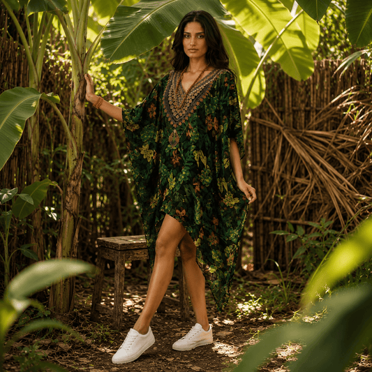 Woman in a floral house of majisha kaftan dress standing in a lush green outdoor setting.