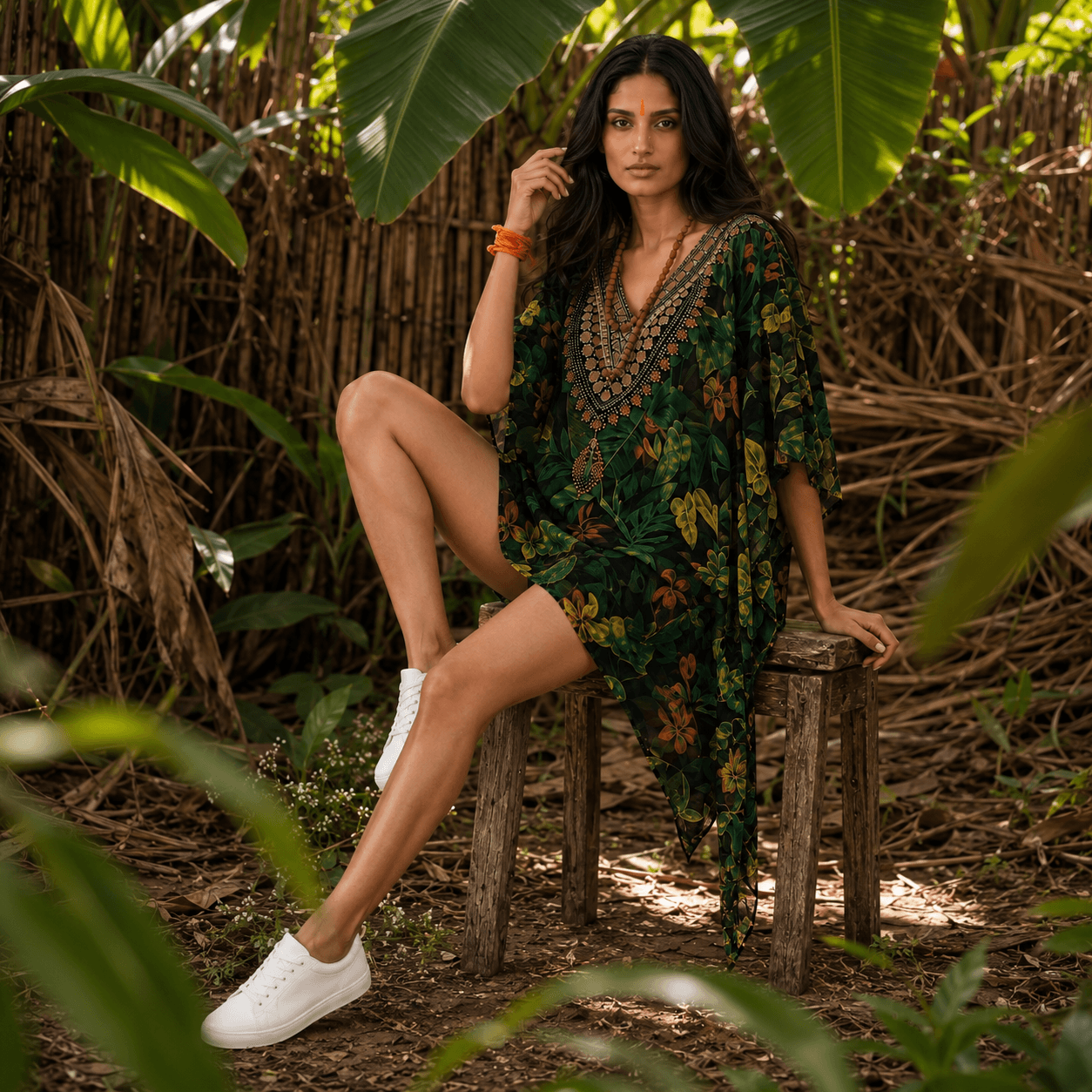 Woman in a floral house of majisha kaftan dress sitting on a wooden stool in a jungle setting.