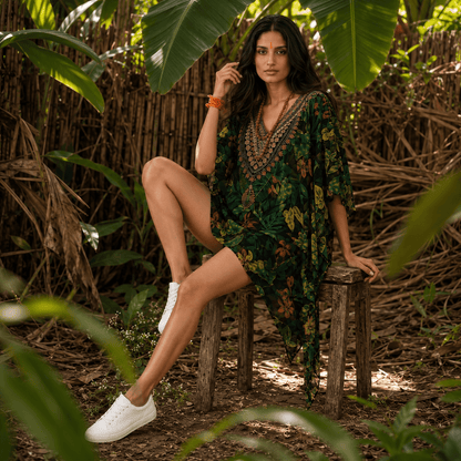 Woman in a floral house of majisha kaftan dress sitting on a wooden stool in a jungle setting.