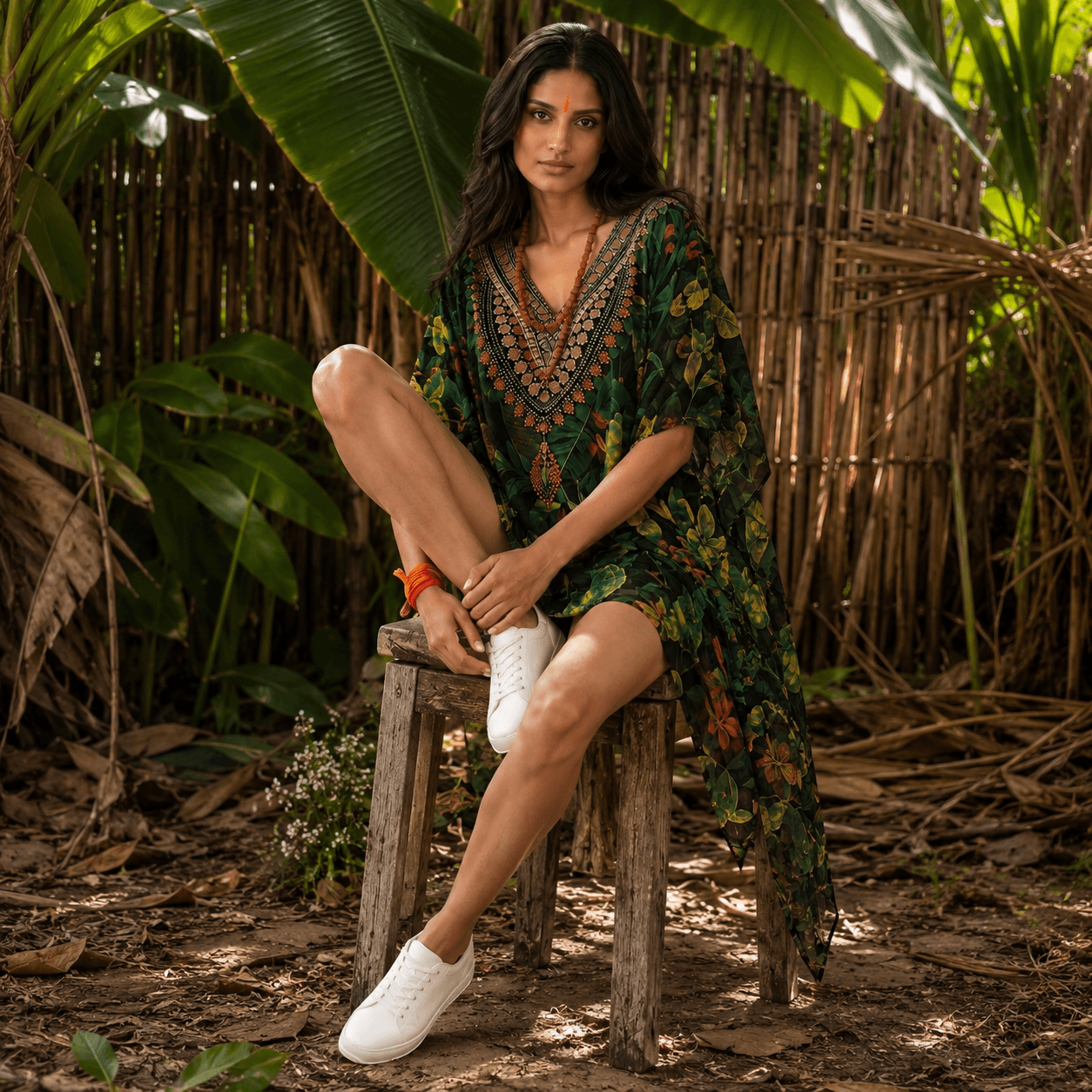 Woman in a floral house of majisha kaftan dress sitting on a wooden stool in a natural setting.