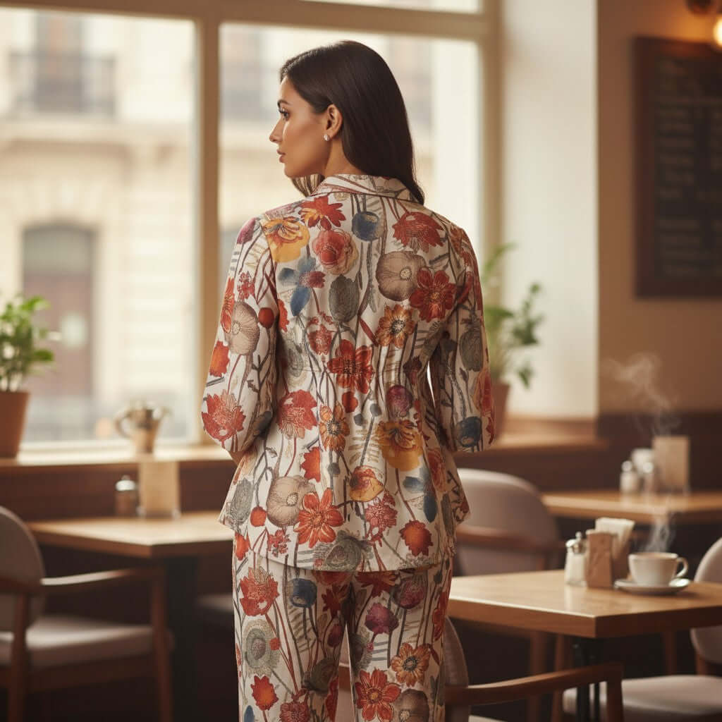 Woman wearing Ivory Autumn Floral Mul Chanderi Co Ord Set with straight pants and shirt style top from house of majisha.