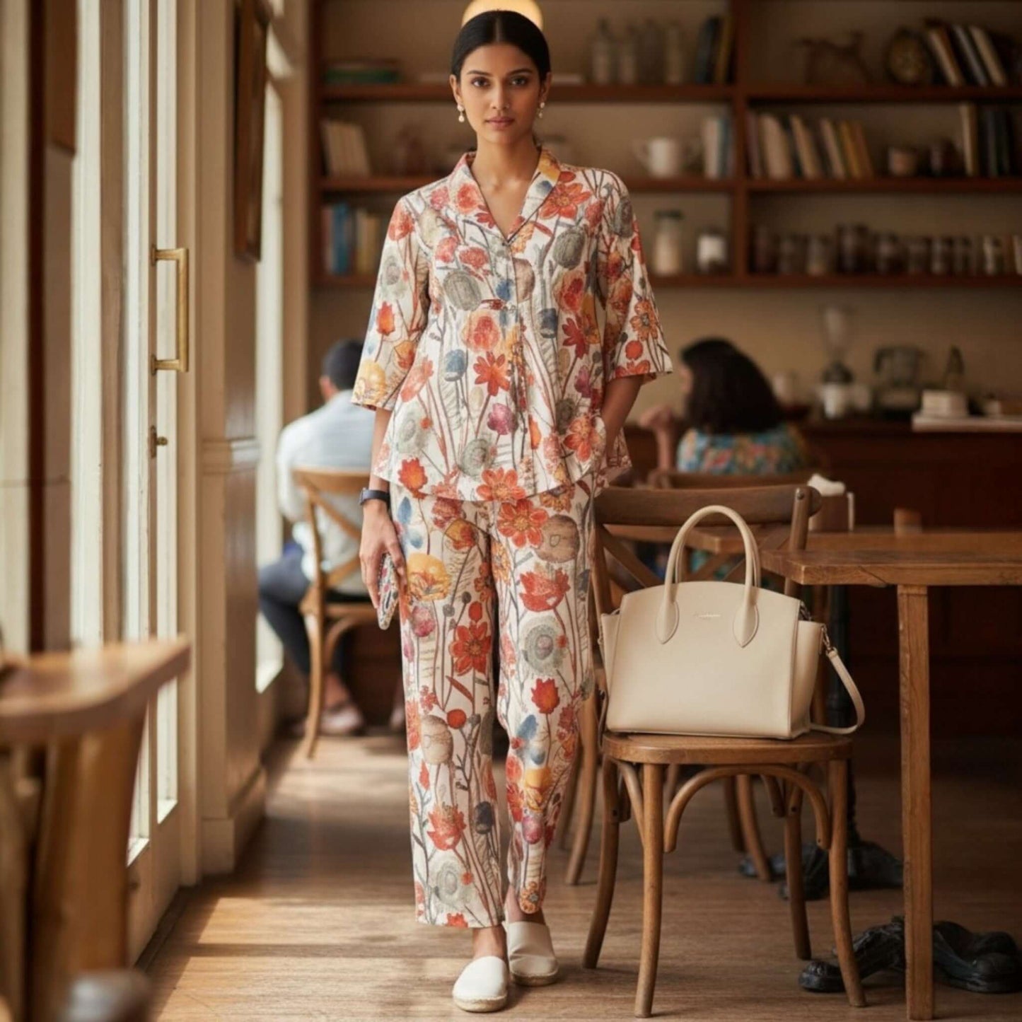 Woman wearing Ivory Autumn Floral Mul Chanderi Co Ord Set with straight pants and shirt style top from house of majisha.