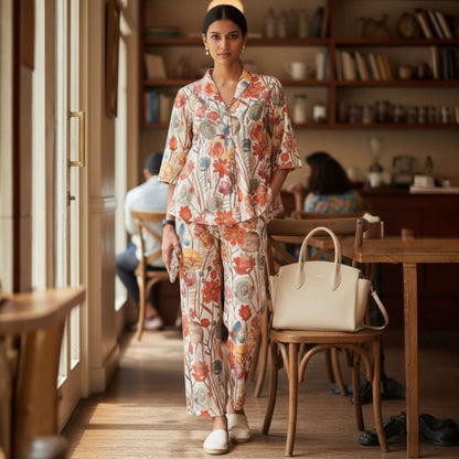 Woman wearing Ivory Autumn Floral Mul Chanderi Co Ord Set with straight pants and shirt style top from house of majisha.