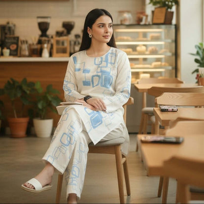Woman in an ivory blue abstract co ord set from House of Majisha, sitting in a café wearing a cream kurta with blue geometric prints and matching pants.