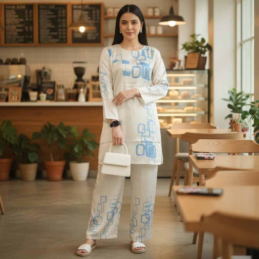 Woman in an ivory blue abstract co ord set from House of Majisha, standing in a café wearing a cream kurta with blue geometric prints and matching pants.