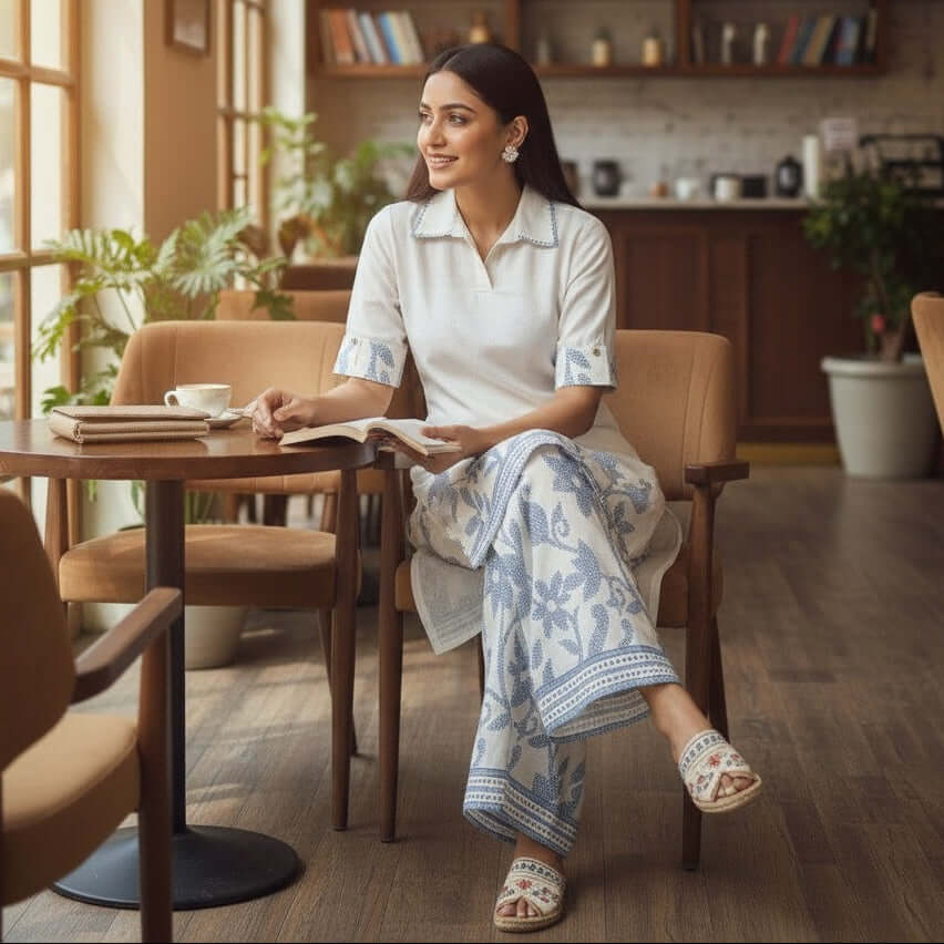 Woman in an ivory blue floral cotton flex co ord set from House of Majisha, sittiong in a café wearing a white kurta with blue floral prints and matching wide leg pants.