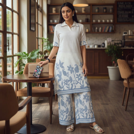 Woman in an ivory blue floral cotton flex co ord set from House of Majisha, standing in a café wearing a white kurta with blue floral prints and matching wide leg pants.