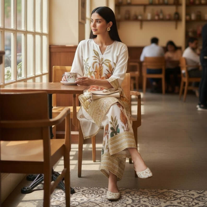 Woman wearing house of majisha co ord set, sitting at a table in a cozy cafe, holding a cup.
