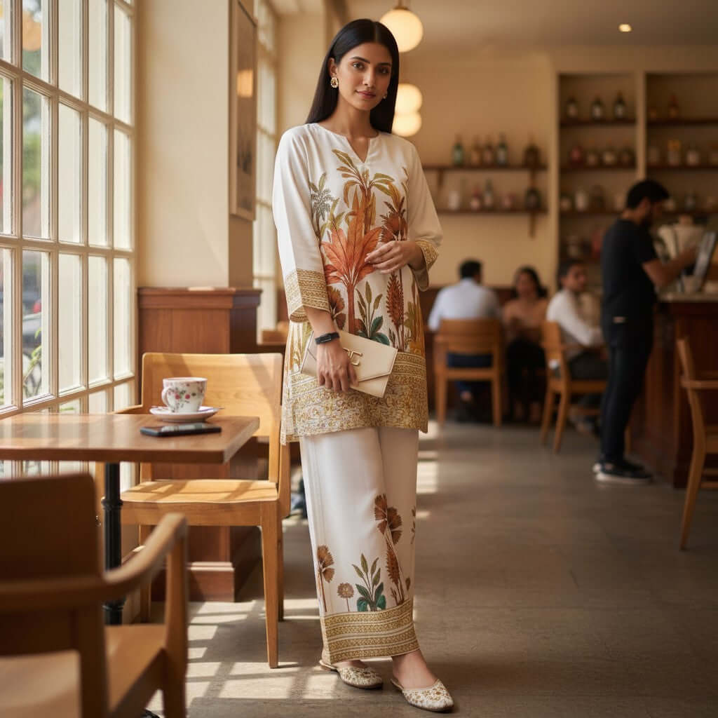 Woman in an ivory botanical co ord set from House of Majisha, standing inside a café wearing a floral printed kurta and straight pants.