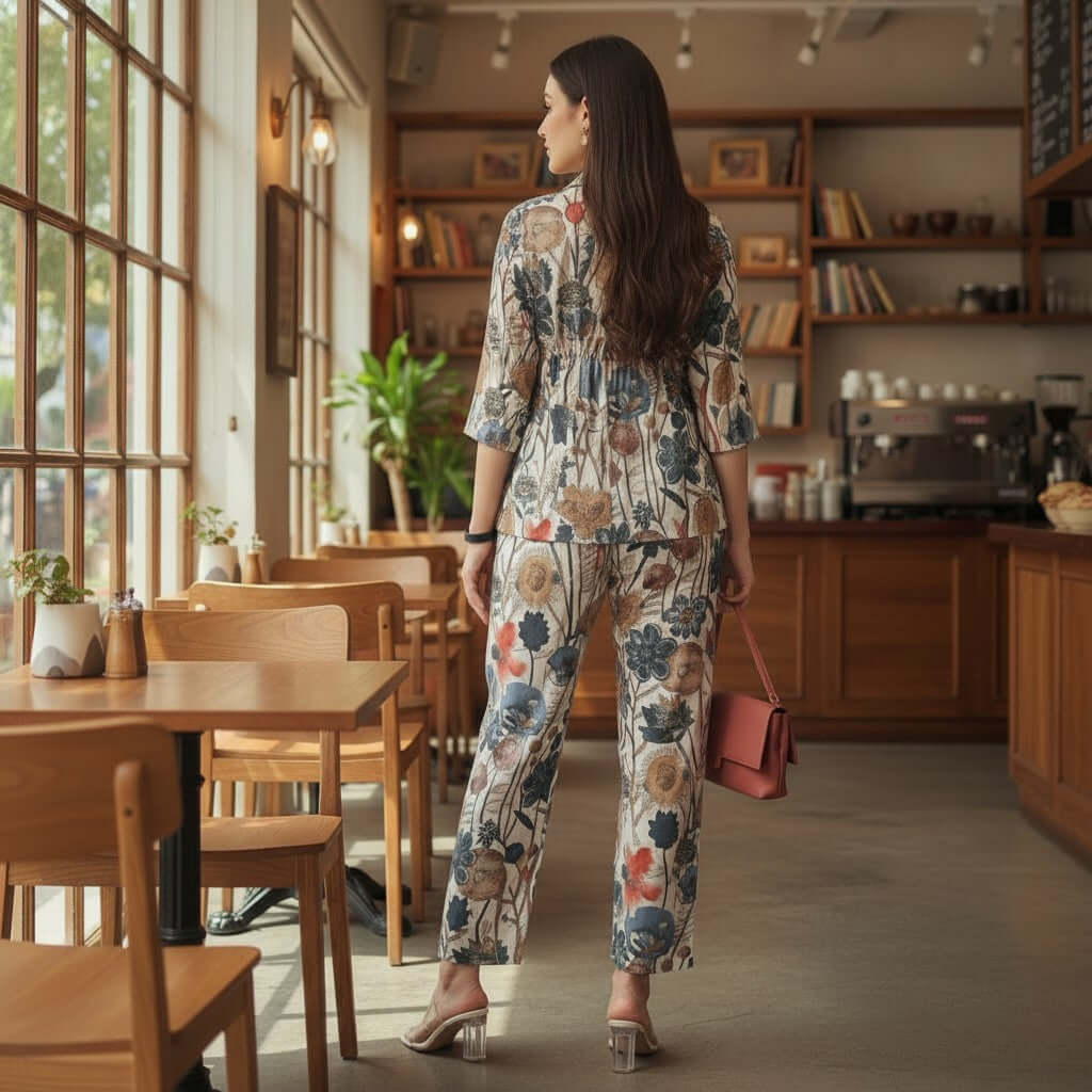 Woman wearing Ivory Botanical Mul Chanderi Co Ord Set with straight pants by house of majisha.