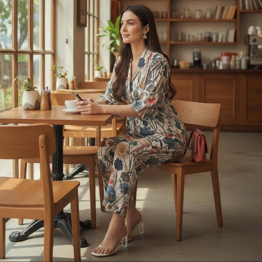 Woman wearing Ivory Botanical Mul Chanderi Co Ord Set with straight pants by house of majisha.
