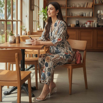 Woman wearing Ivory Botanical Mul Chanderi Co Ord Set with straight pants by house of majisha.