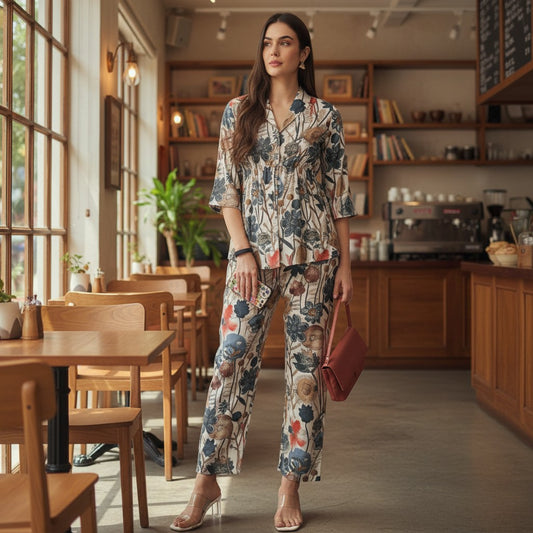 Woman wearing ivory floral printed mul chanderi co ord set with straight pants by house of majisha.