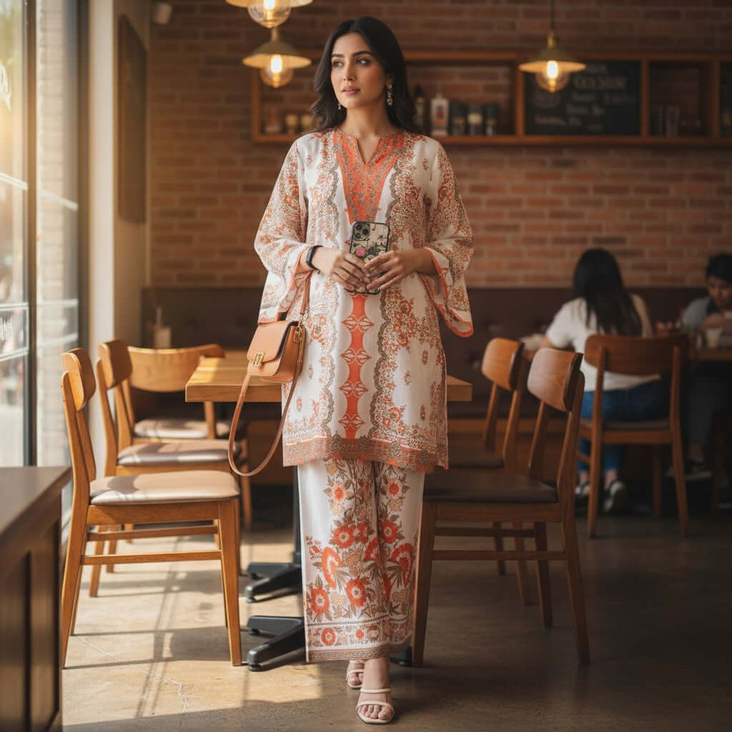 Woman wearing Ivory Coral Ethnic Print Co Ord Set with kurta and pants in satin fabric from house of majisha.