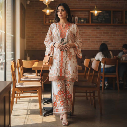Woman wearing Ivory Coral Ethnic Print Co Ord Set with kurta and pants in satin fabric from house of majisha.