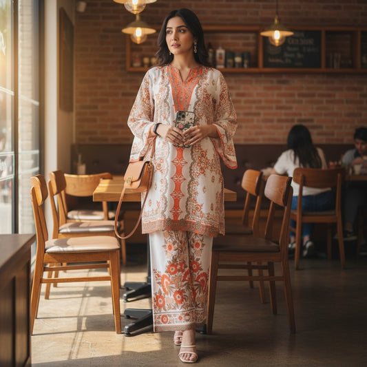 Woman wearing ivory coral ethnic printed co ord set with kurta and pants in satin fabric from house of majisha.