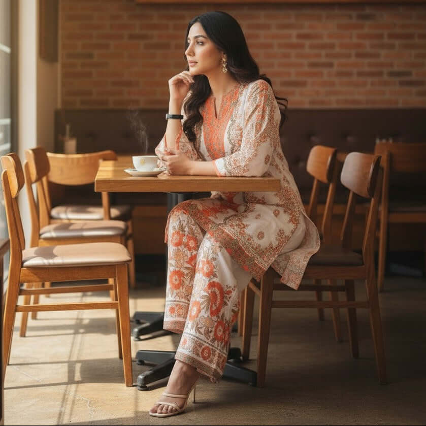 Woman wearing Ivory Coral Ethnic Print Co Ord Set with kurta and pants in satin fabric from house of majisha.