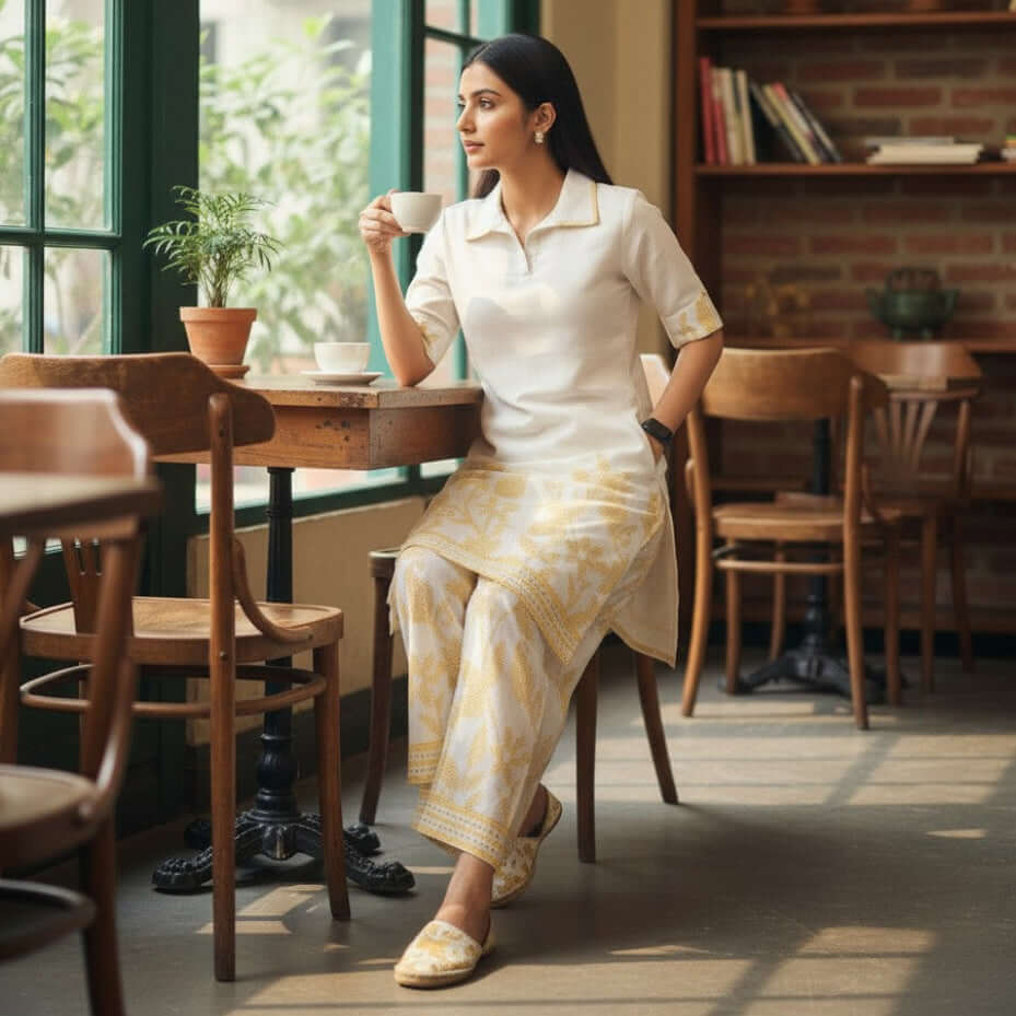 Woman wearing an ivory gold floral cotton flex co ord set by House of Majisha with a collared kurta and matching printed wide leg pants in a café setting.