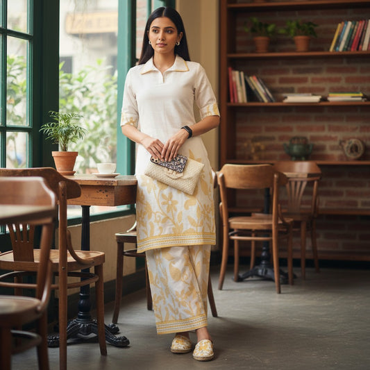 Woman wearing an ivory gold floral cotton flex co ord set by House of Majisha with a collared kurta and matching printed wide leg pants in a café setting.