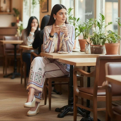 Woman wearing Ivory Multicolor Printed Co Ord Set by House of Majisha in a café setting
